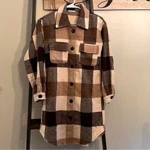 Long Plaid Shacket - Brown Multi